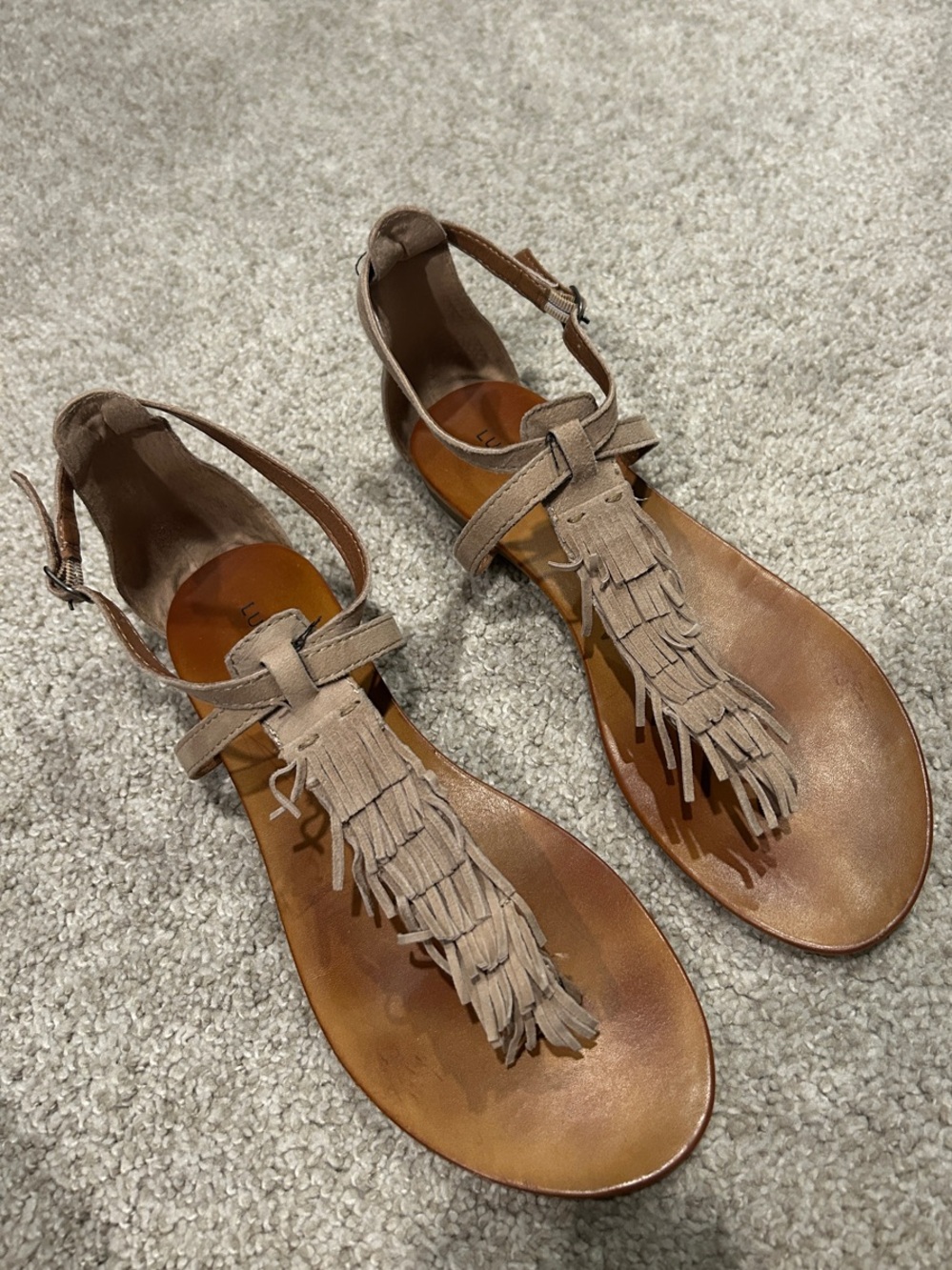 Lucky Brand Taupe Fringe T-Strap Sandals